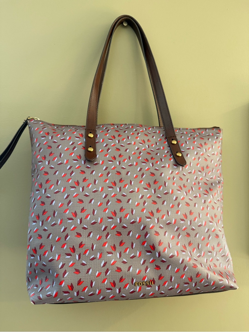 Fossil Rachel Large Tote Bag Purse Geometric Leaf Gray Red
